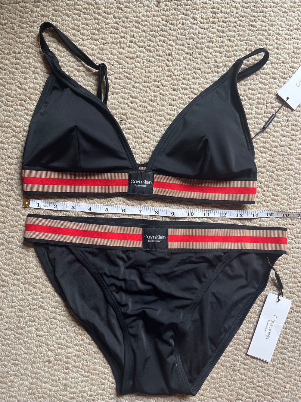 Calvin Klein Black Bikini Set with Red and Tan Striped Band